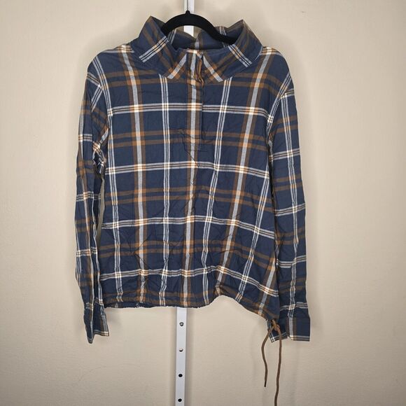 L.L. Bean Signature Women's L Grayish Blue Plaid 1/4 Button Pullover Drawstring - Picture 2 of 14